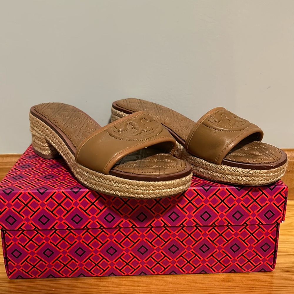 Tori Burch espadrilles, size 8. Tan leather upper, sisal heels